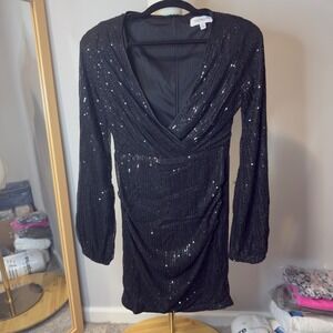 Faeriesty Black Sequin Long Sleeve V-Neck Ruched Mini Dress FSWD0872MJ Small